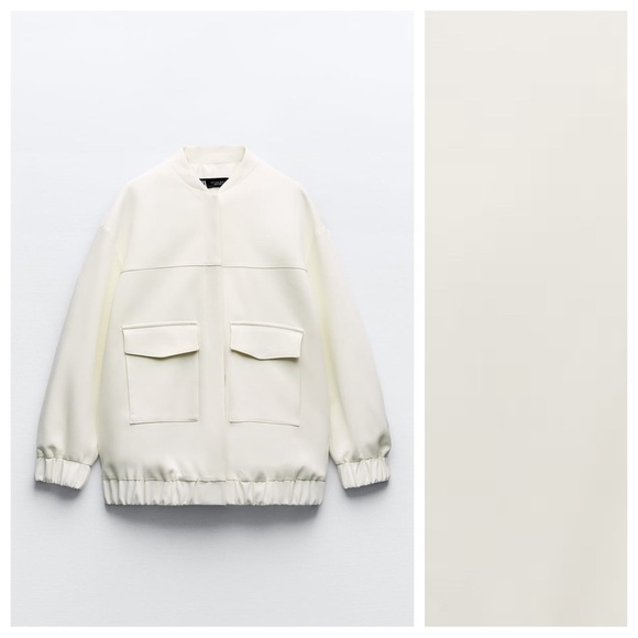 NWT. Zara Oyster White Long Bomber Jacket with Patch Pockets. Size XS. - Picture 5 of 10